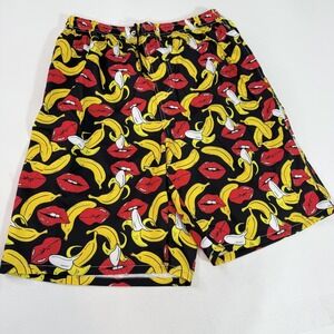FT Fenteng Swim Shorts Mens XL Black Banana Lips Print Novelty Lined Trunks